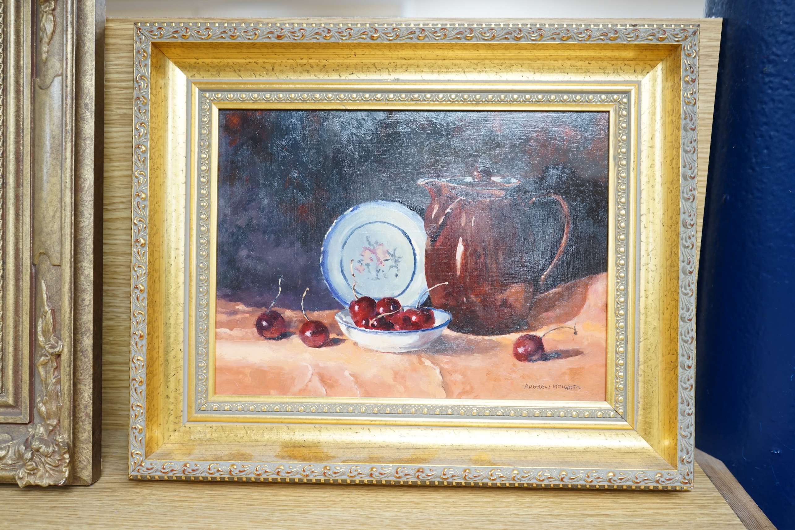 Andrew Wright, oil on board, Still life with cherries, signed, 21 x 28cm, gilt framed. Condition - good